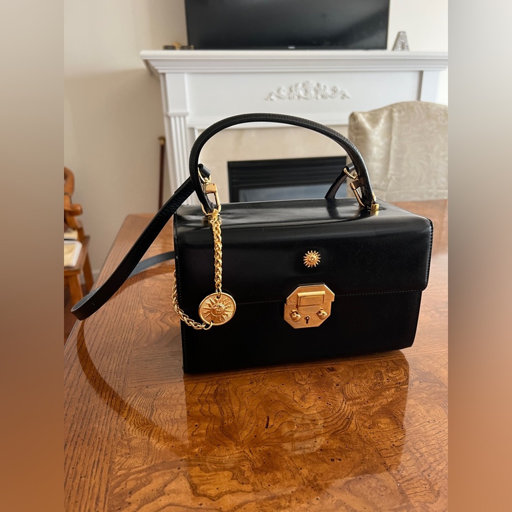 Versace Sunburst Logo Handbag Vanity Bag Black Leather shoulder bag